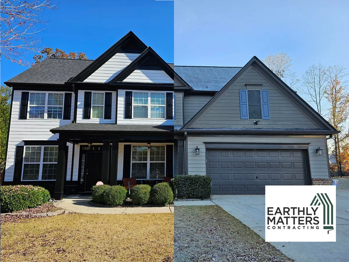 before and after exterior house painting transformation by Earthly Matters in North Atlanta GA
