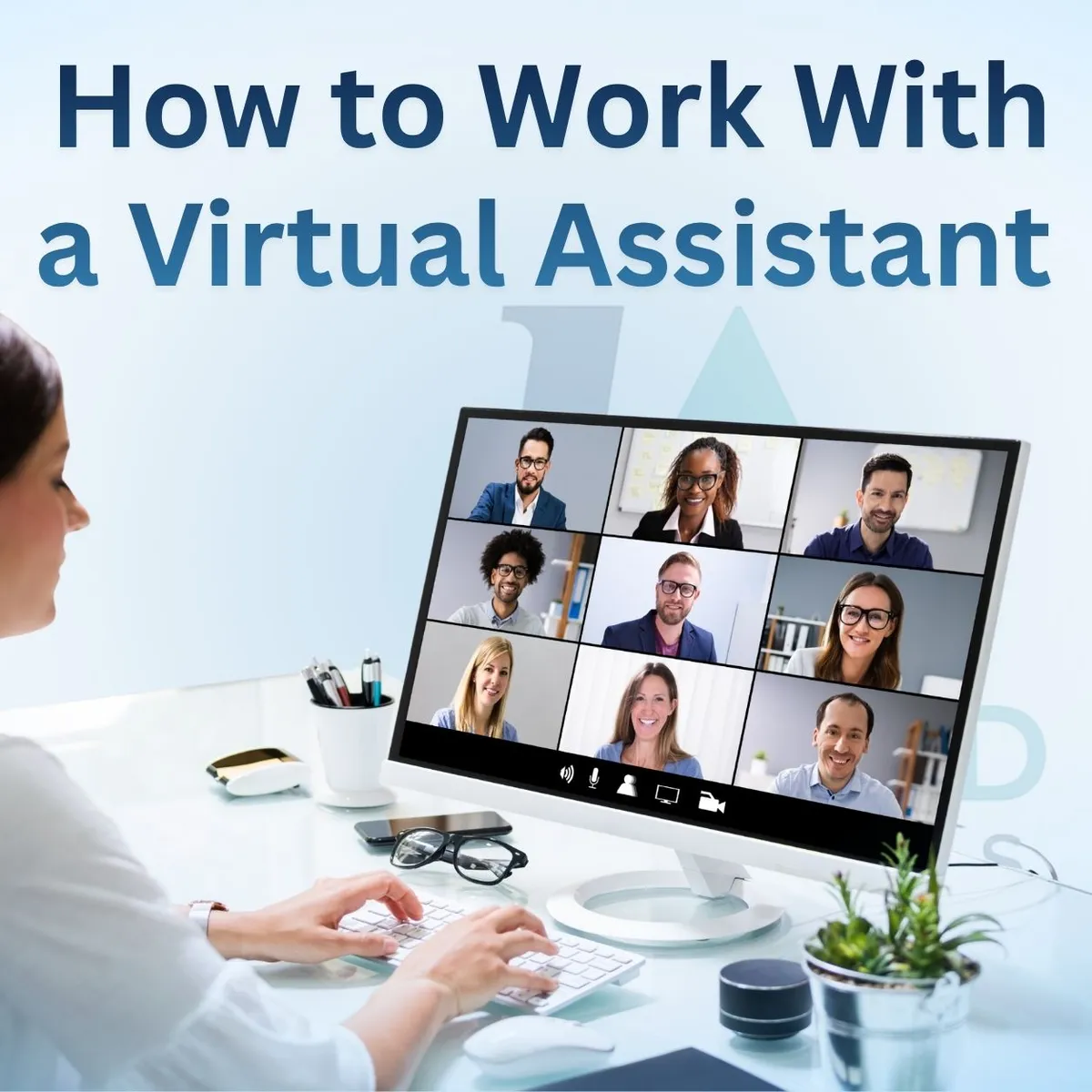 Video call on a desktop monitor — cover image for a guide on working with a virtual assistant.