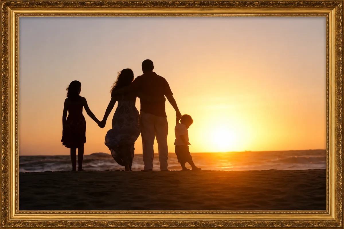 Custom framed family photograph displayed in an ornate gold picture frame