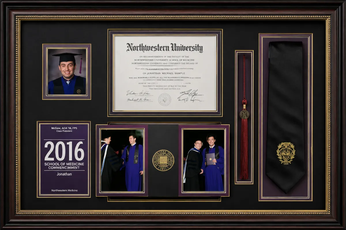 Custom framed graduation memorabilia and keepsakes including diploma, photos, medal, and tie