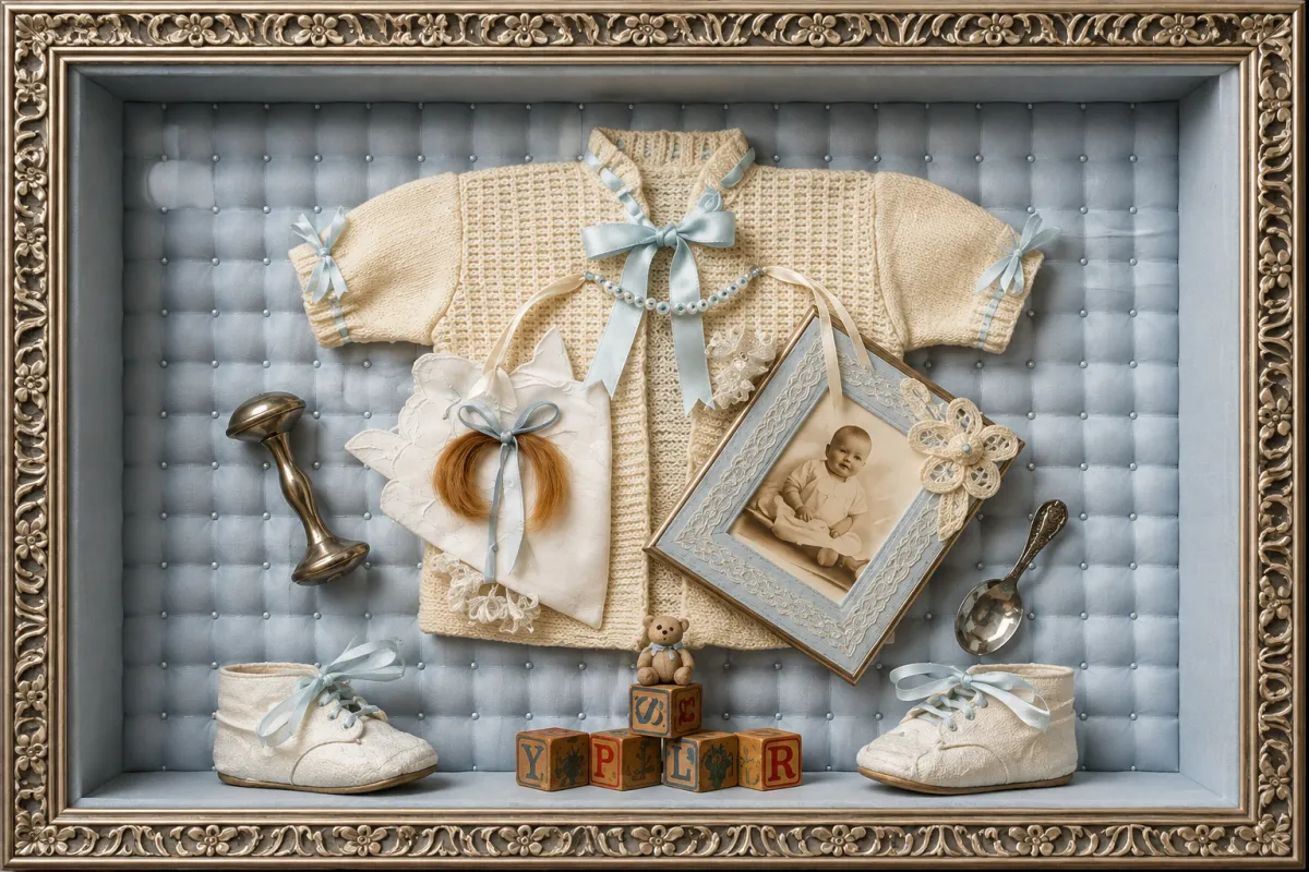 Custom shadow box framing for baby keepsakes, clothing, photographs, and dimensional memorabilia