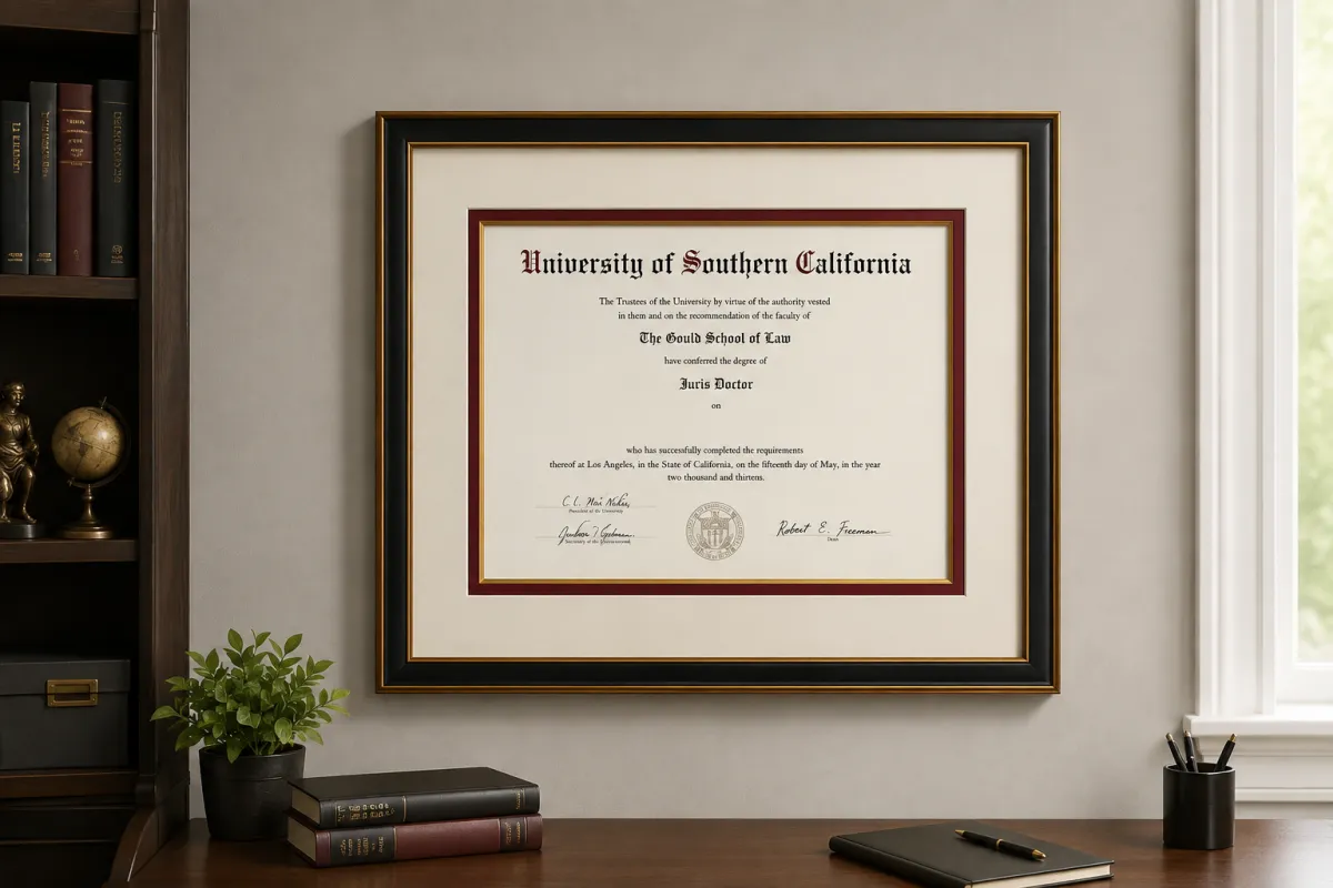 Custom framed university diploma with matting and moulding displayed above a desk