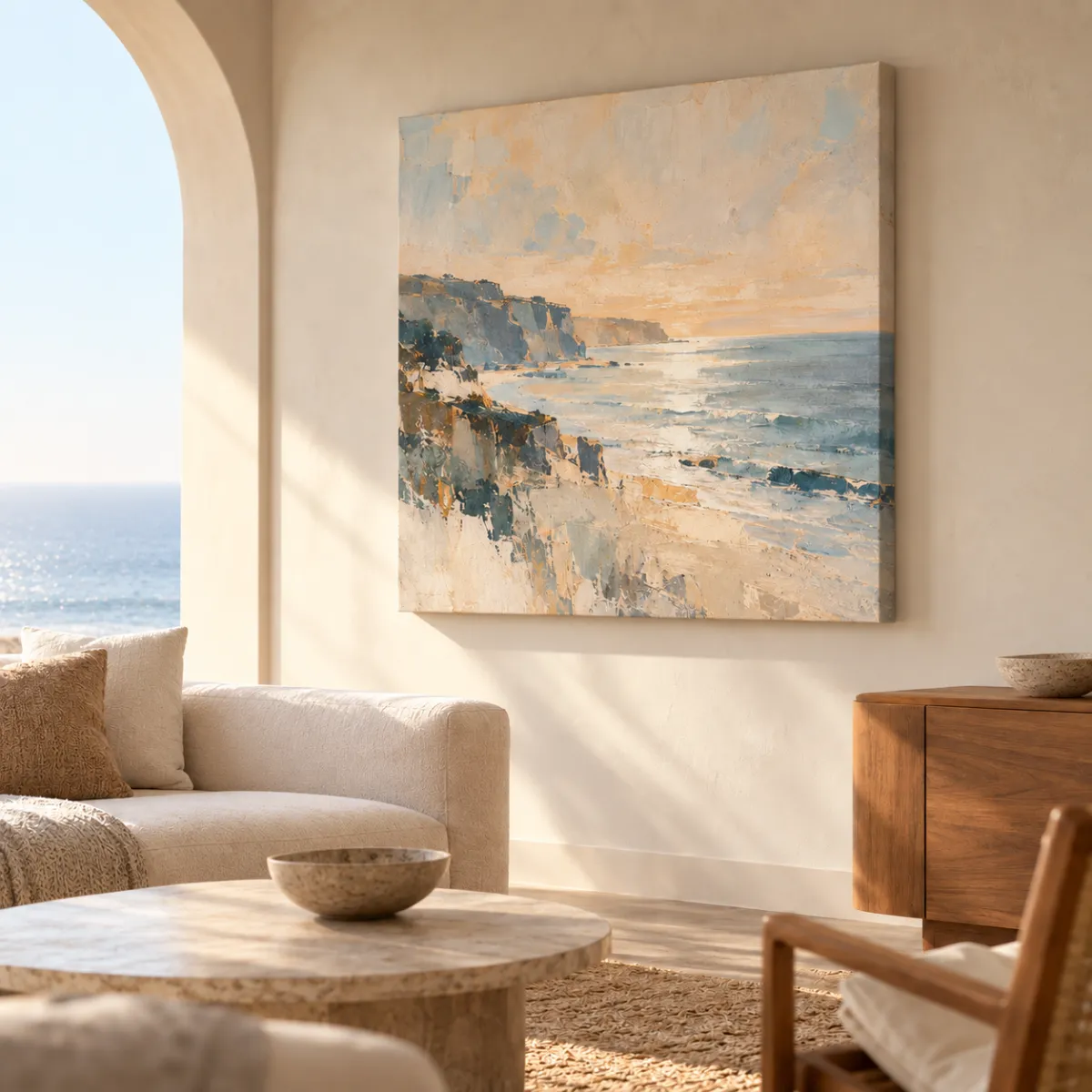 Stretched coastal canvas artwork displayed on a wall in a bright California-style living room