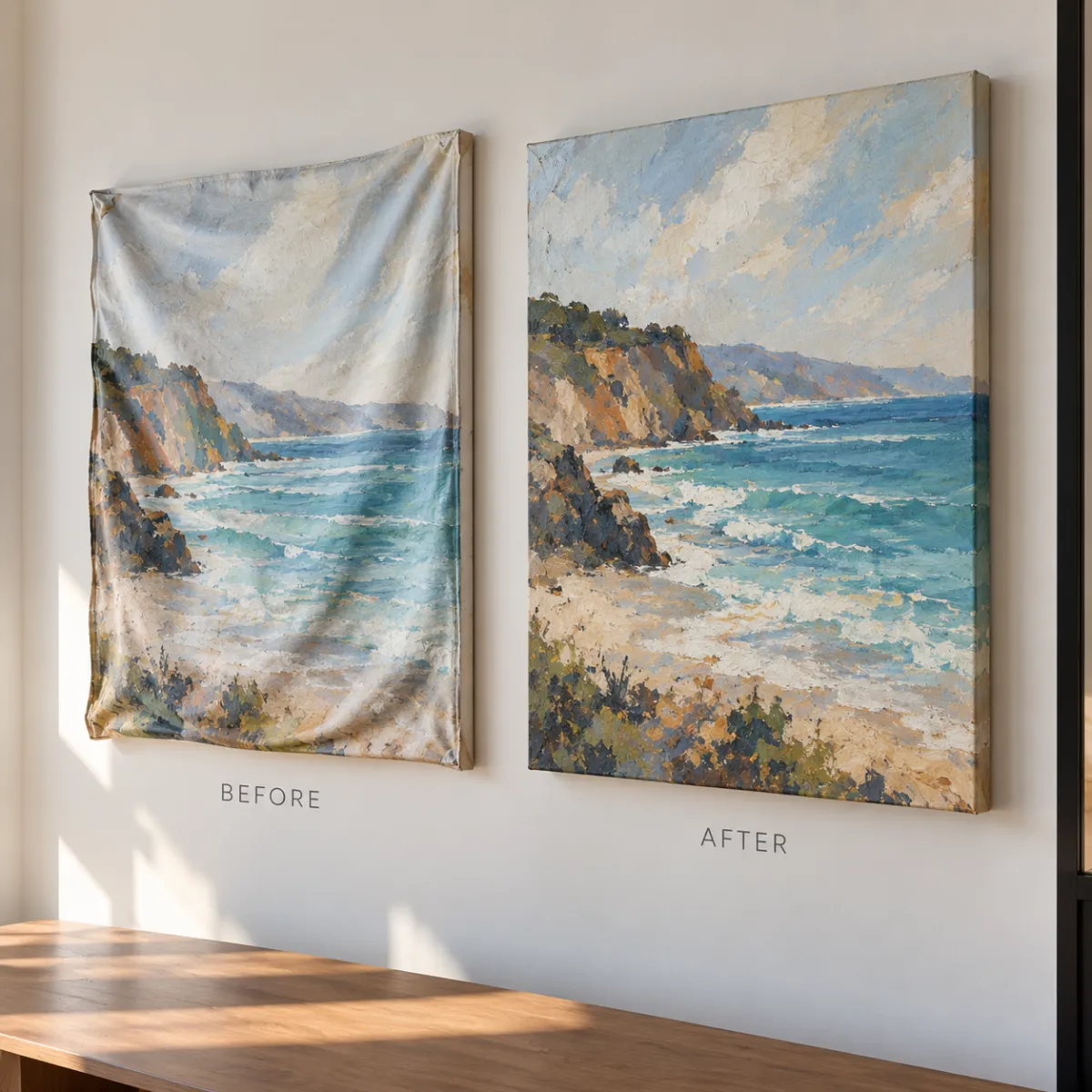 Before and after example of a loose sagging canvas professionally re-stretched for a smooth, even finish