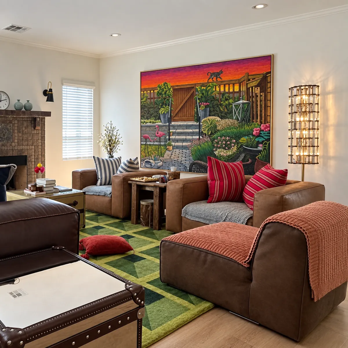 Large colorful framed artwork displayed in a contemporary living room with custom picture framing