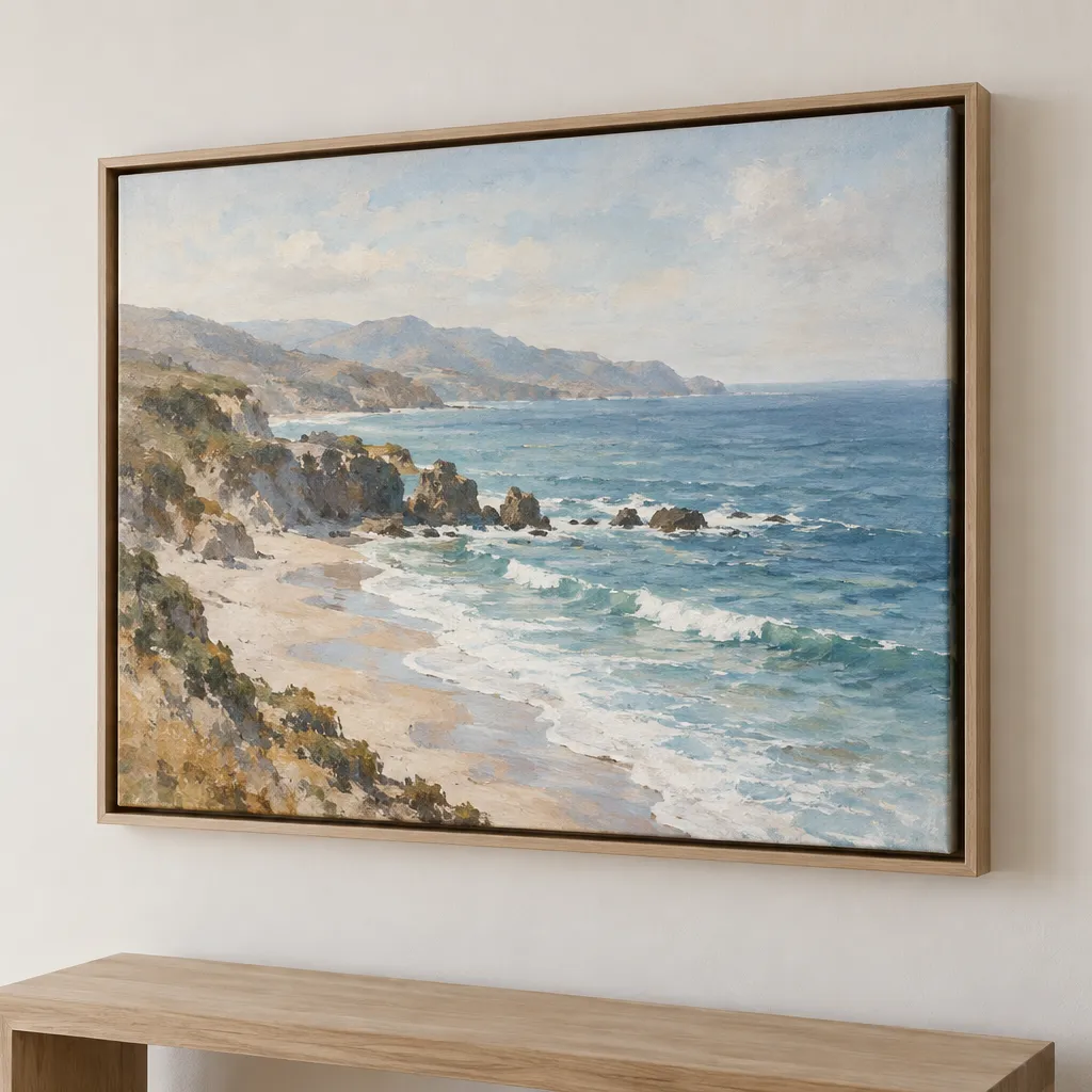 Photo of a float framed canvas on a wall with a natural wood frame and ocean artwork