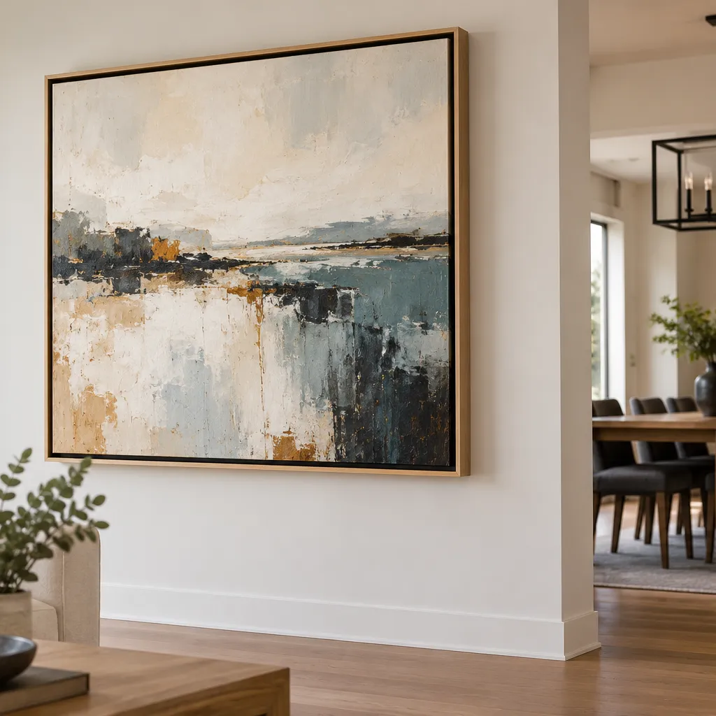 Abstract canvas artwork in a natural wood float frame displayed in a modern living room