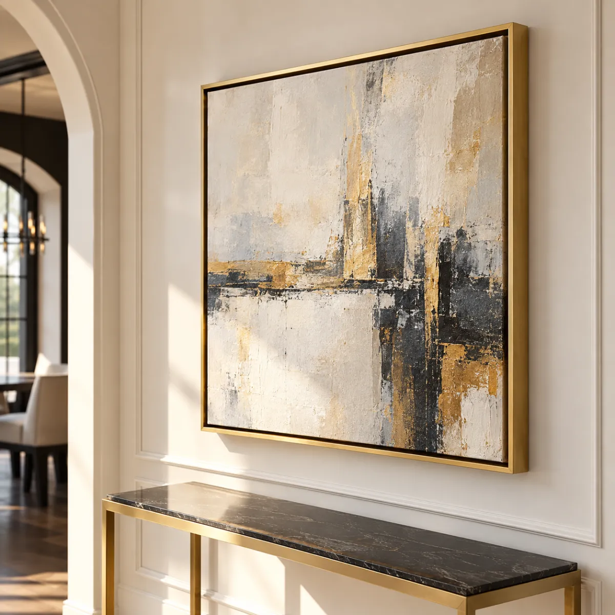 Abstract canvas artwork in a gold float frame displayed in a modern interior