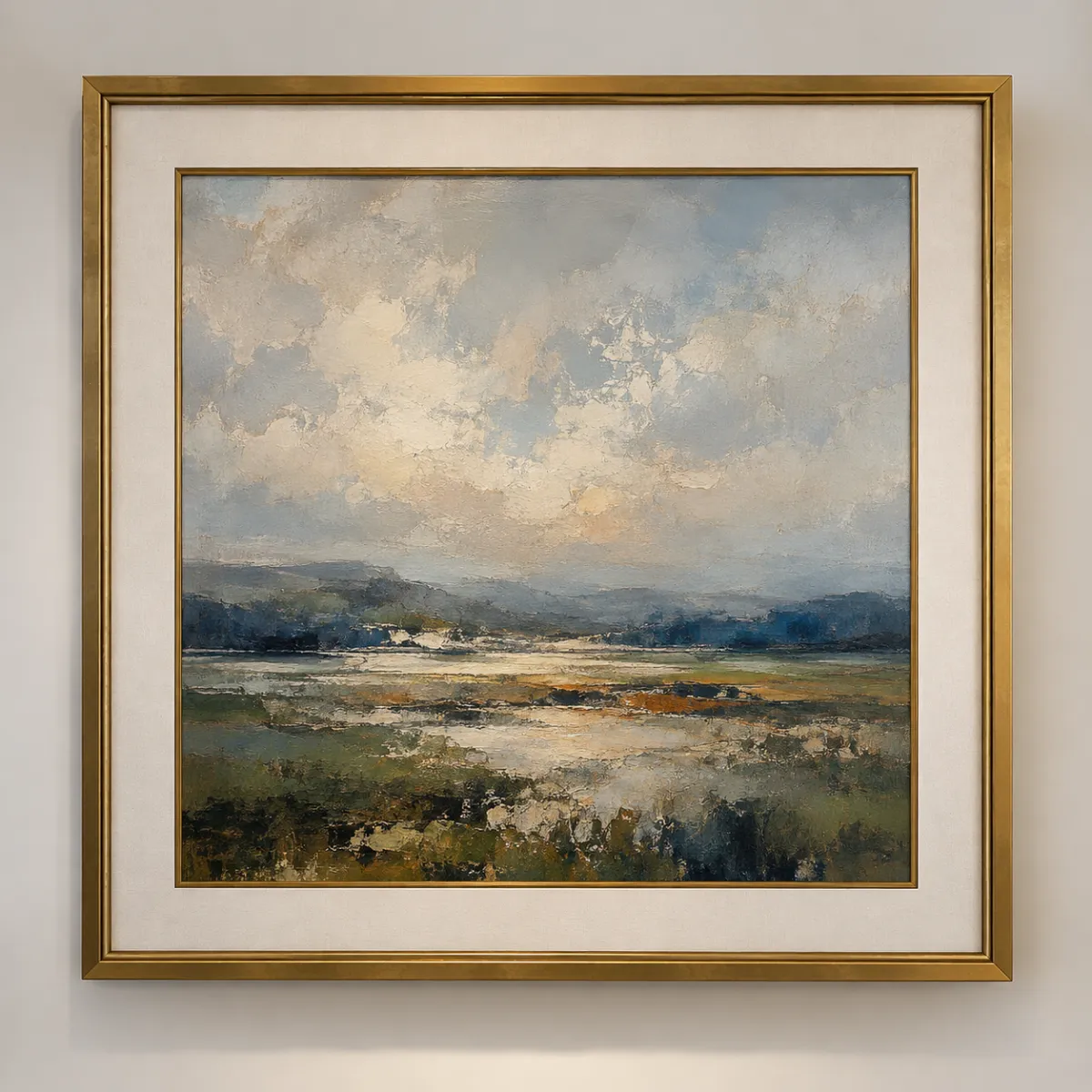 Fine art landscape painting in a custom gold frame with linen matting