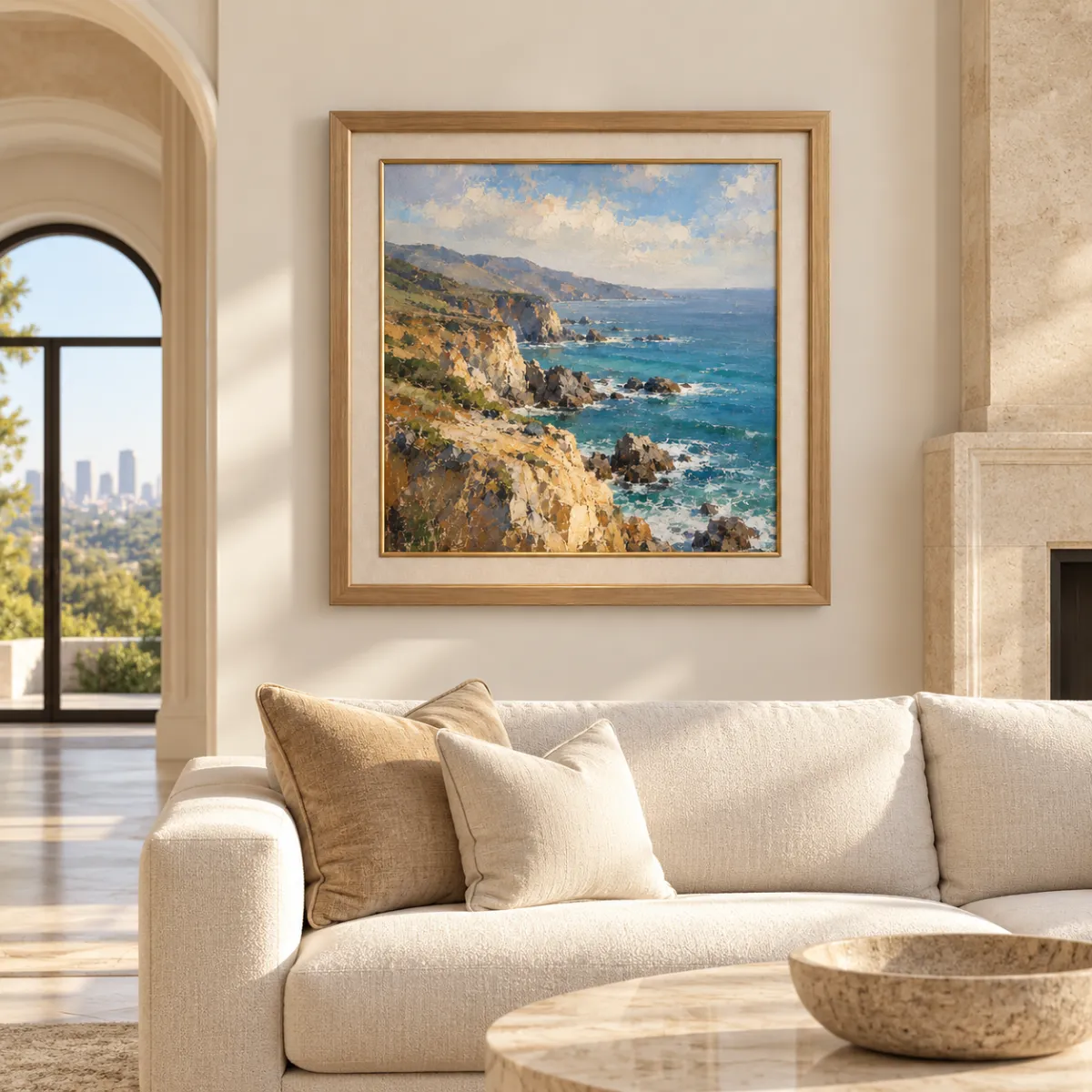 Fine art coastal painting in a custom frame displayed in a Beverly Hills-style living room