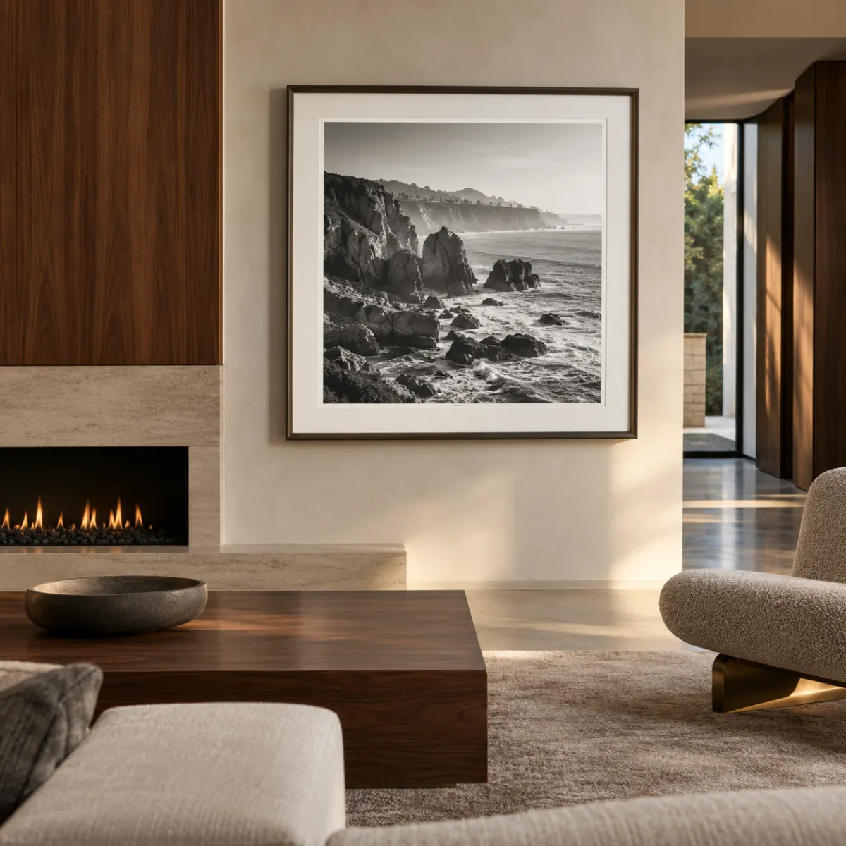 Black-and-white coastal photograph in a custom frame displayed in a modern West Los Angeles-style living room