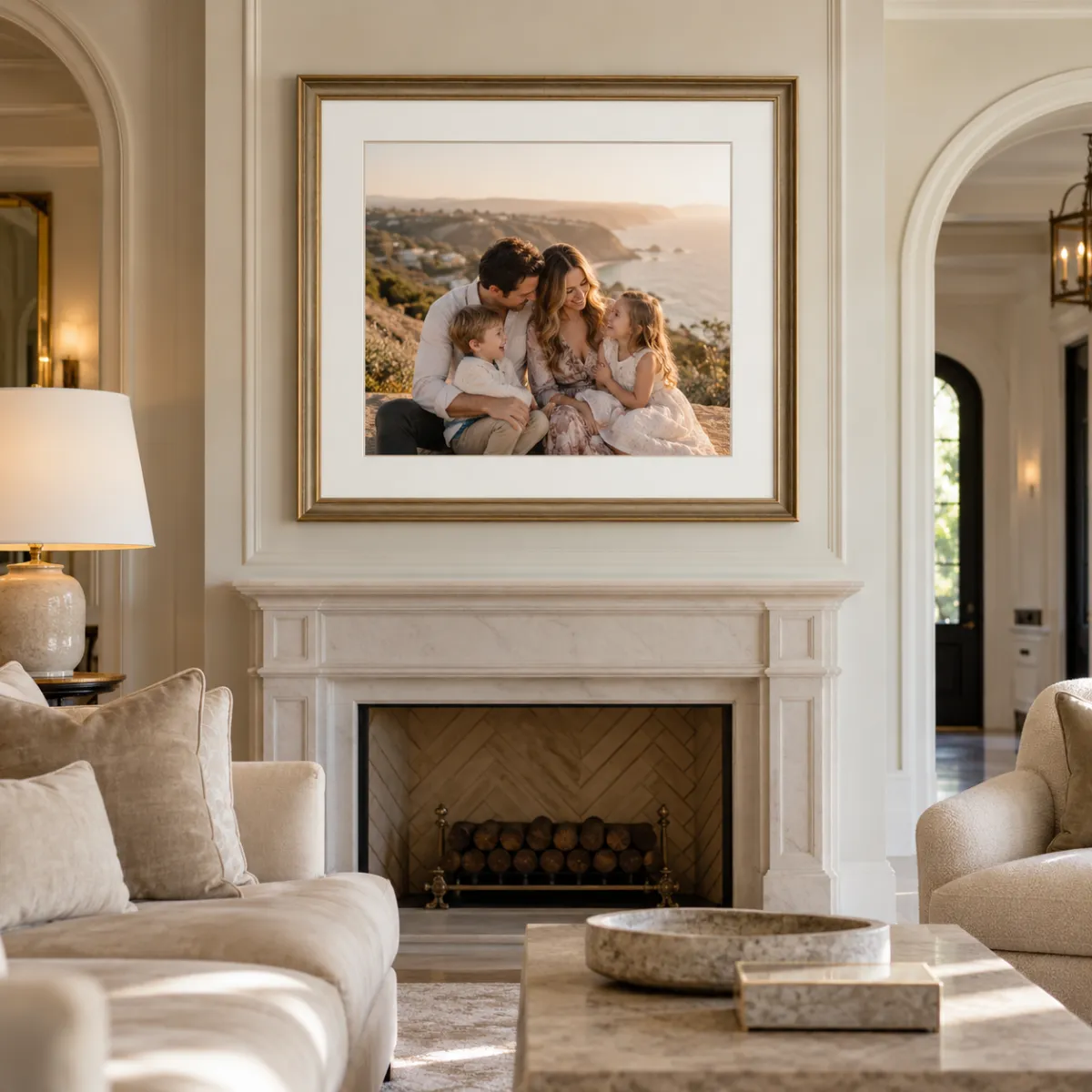 Custom framed family portrait displayed above a fireplace in an elegant Los Angeles home