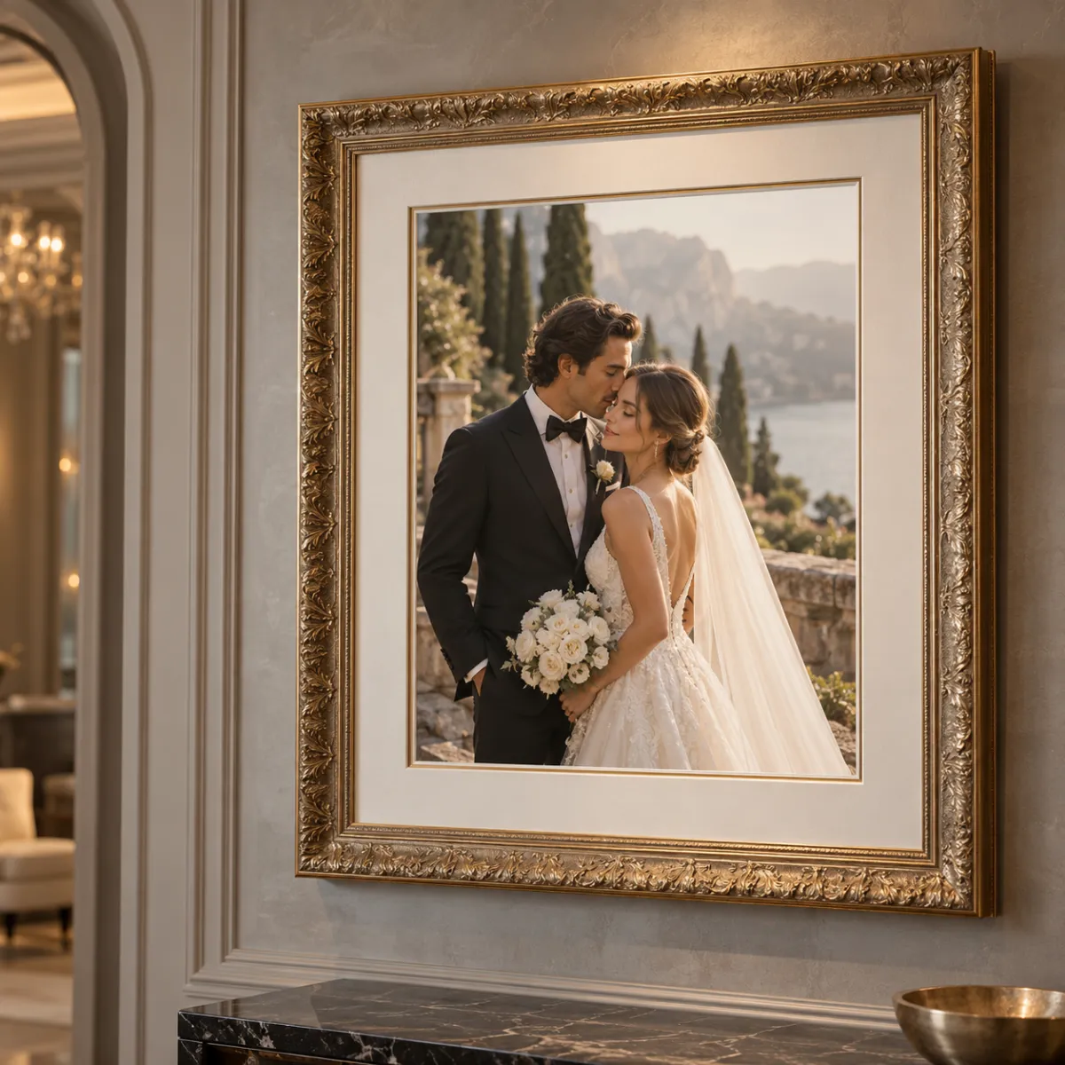 Wedding portrait in an ornate custom gold frame with layered matting displayed in an elegant home interior