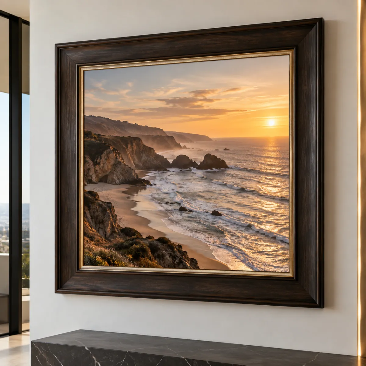 Large-format coastal photograph in a custom dark wood frame with gold inner detail