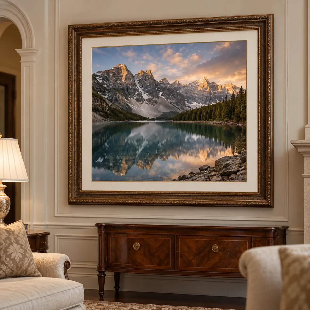 Large-format mountain landscape photograph in an ornate custom frame displayed in a traditional home interior