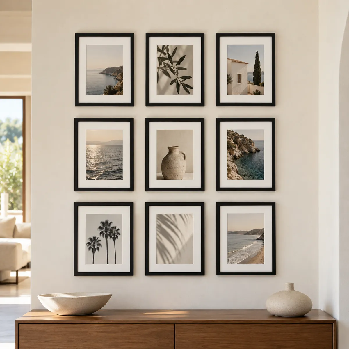 Gallery wall of nine simple black ready-made picture frames displaying standard-size photographs.