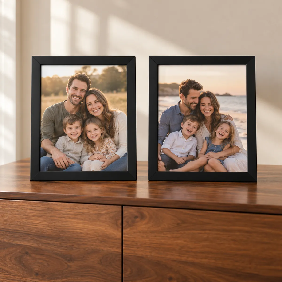 Two simple black 8 × 10 ready-made frames displaying family photographs on a wooden credenza.
