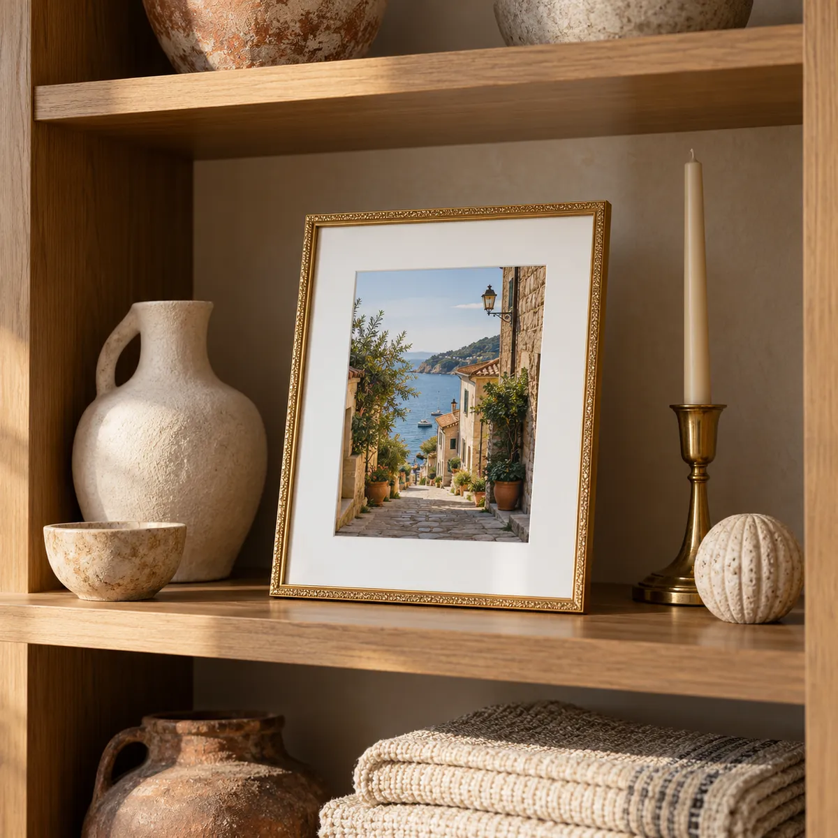 Thin gold ornate 8×10 ready-made frame with a matted coastal travel photograph styled among ceramics and decor on open shelving.