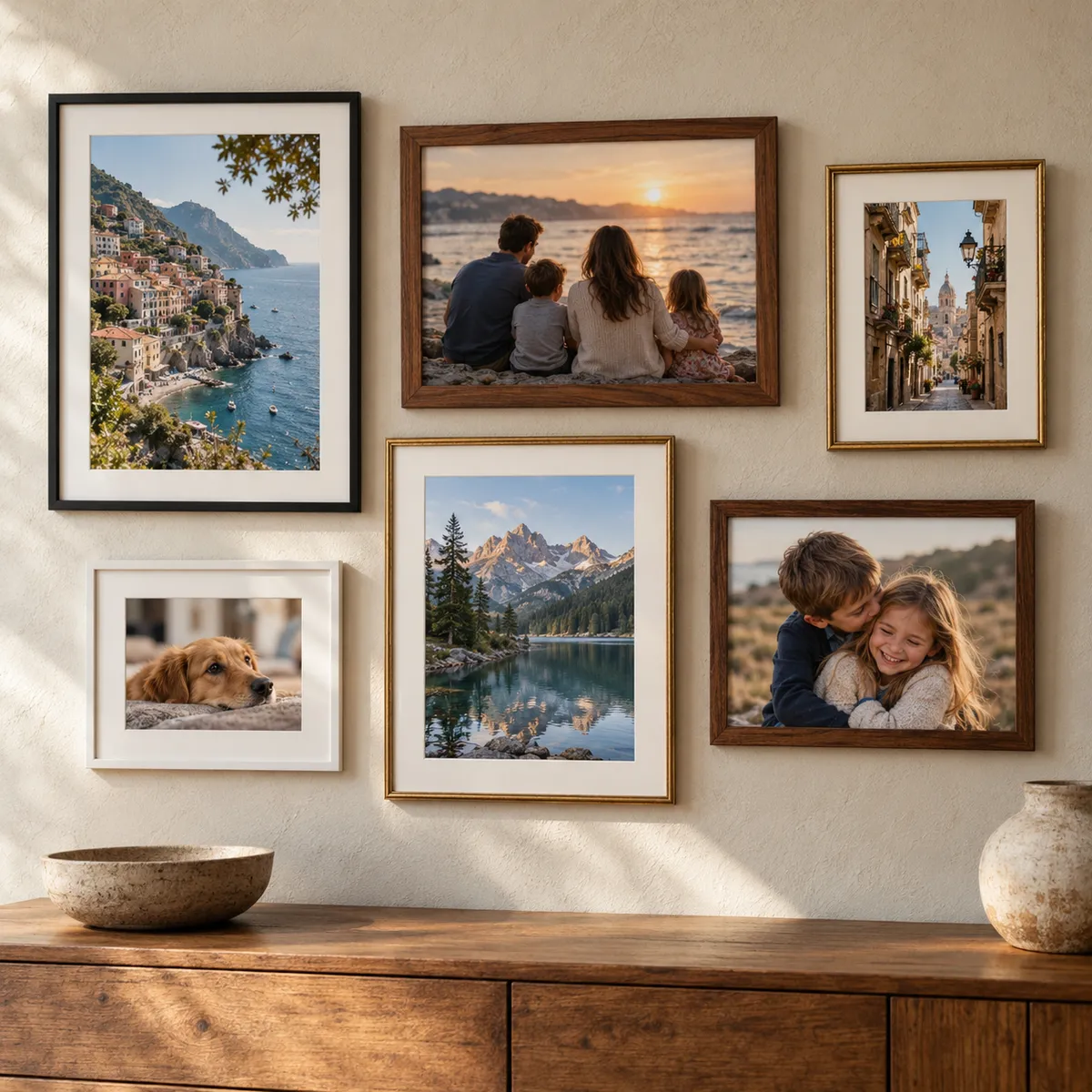 Square gallery wall with a mix of family and travel photographs in coordinated black, walnut, white, and gold frames.