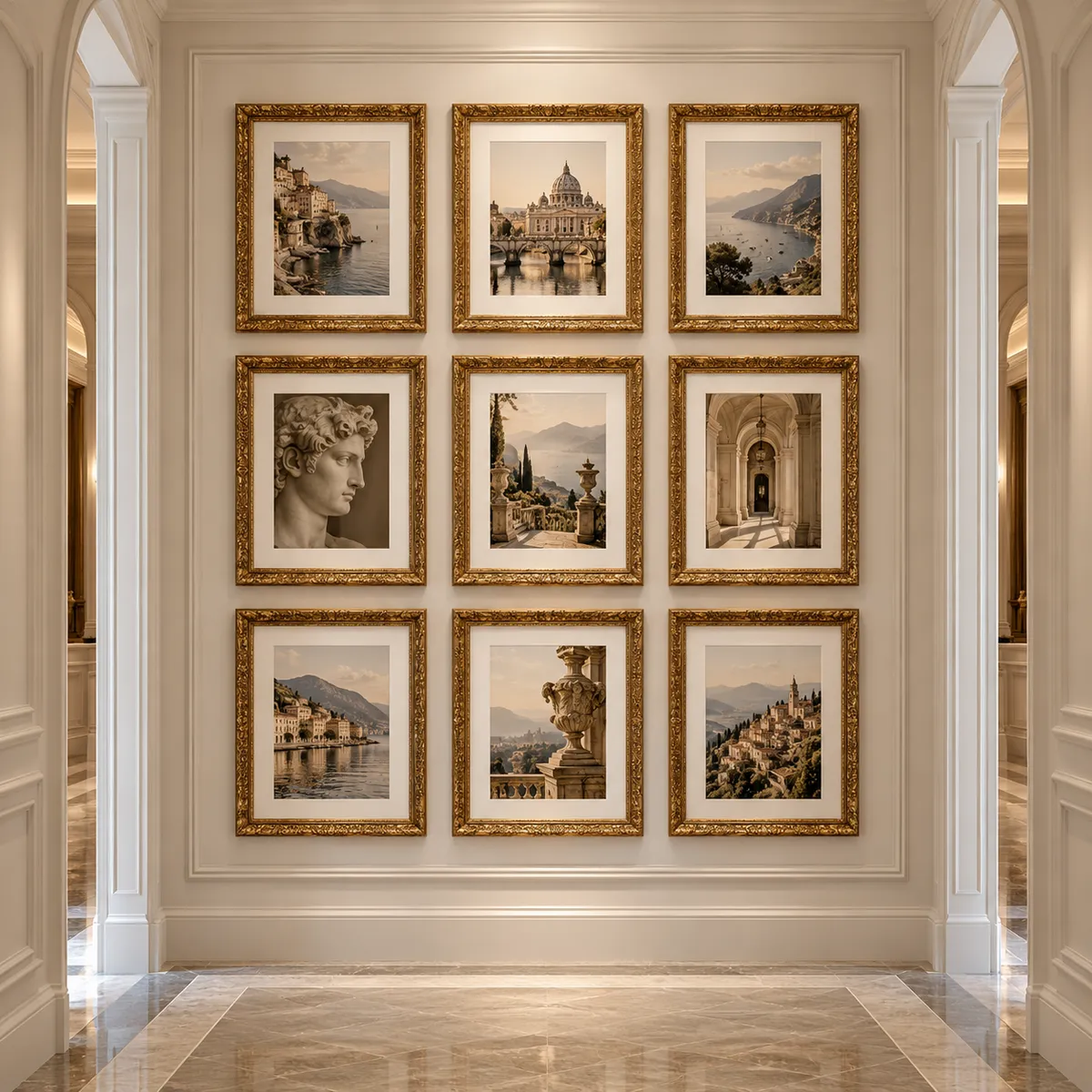 Super high-end symmetrical gallery wall of nine gold ornate frames in a luxury home hallway.