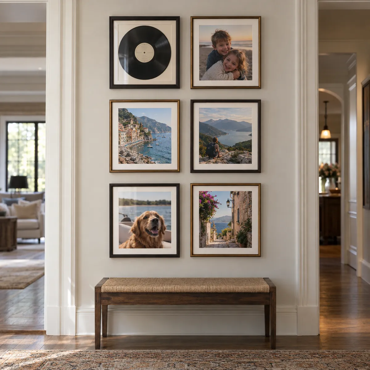 Gallery wall of 6 frames one record, two family candids, and three travel photos in a symmetrical 2×3 arrangement.
