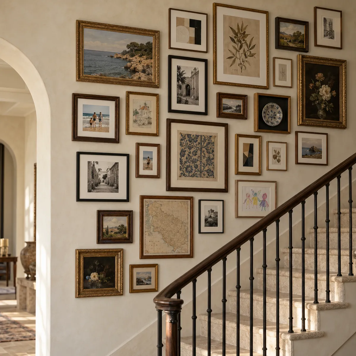 Eclectic gallery wall of family photos, travel images, artwork, and keepsakes arranged beside a staircase in a luxury home.