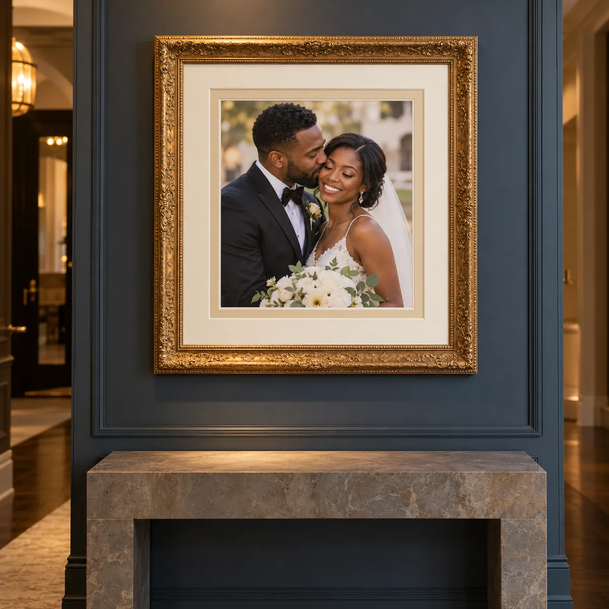 wedding couple in an ornate gold frame with clearly visible 8-ply double matting on a dark blue-gray wall.