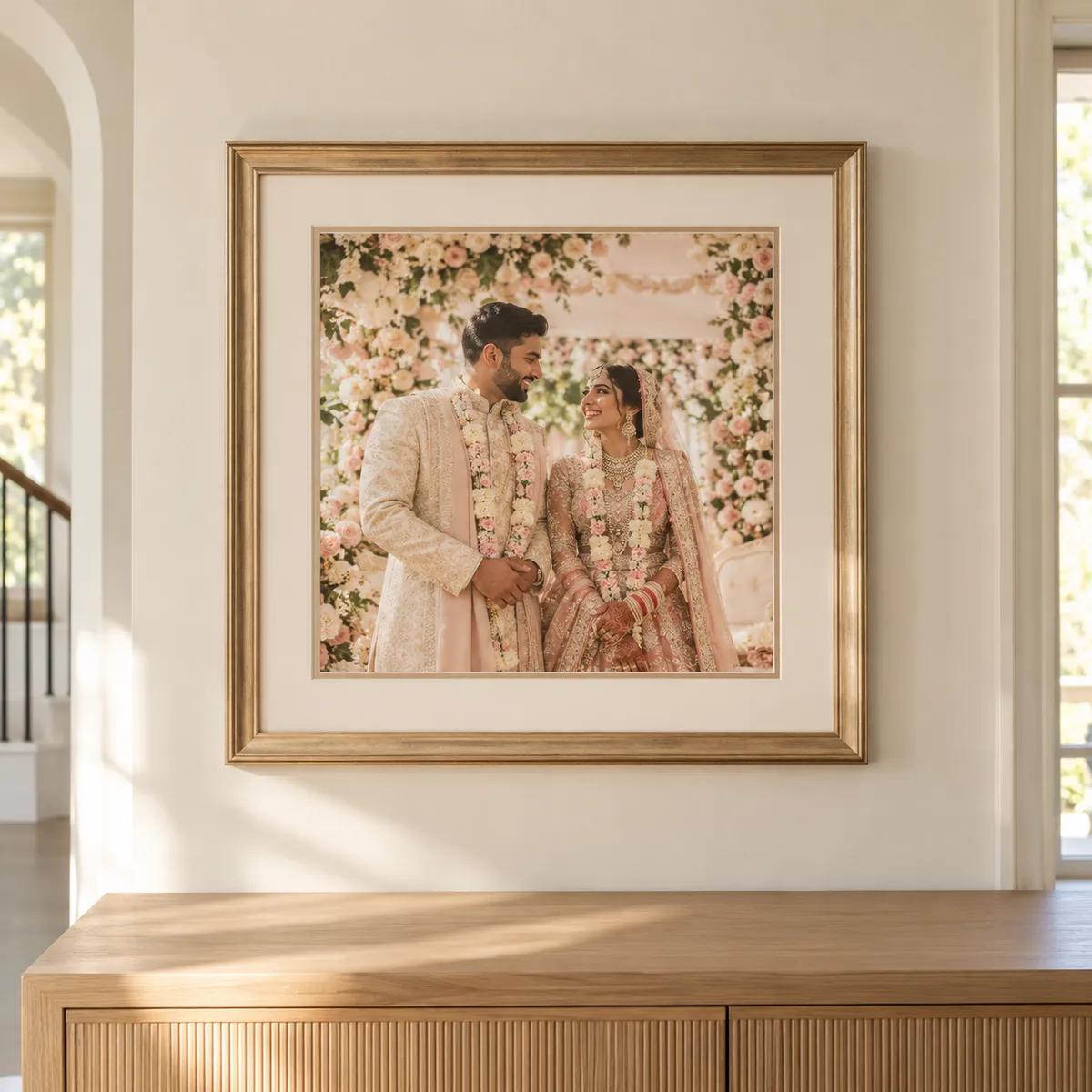 Framed South Asian wedding portrait at the altar in a champagne-bronze frame with ivory matting on a bright hallway wall.