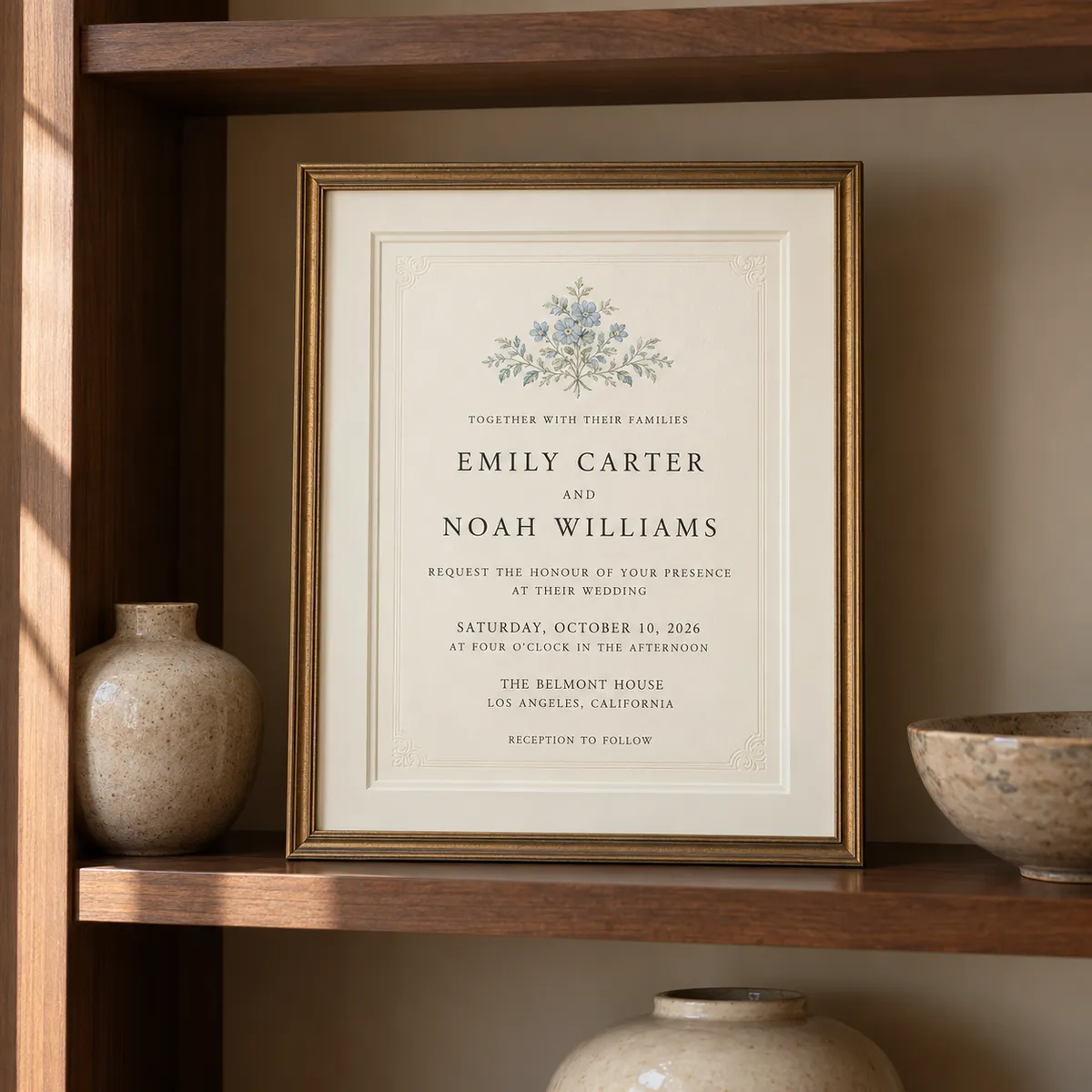 Framed wedding invitation with blue floral detailing and cream double matting displayed on a walnut office bookshelf.
