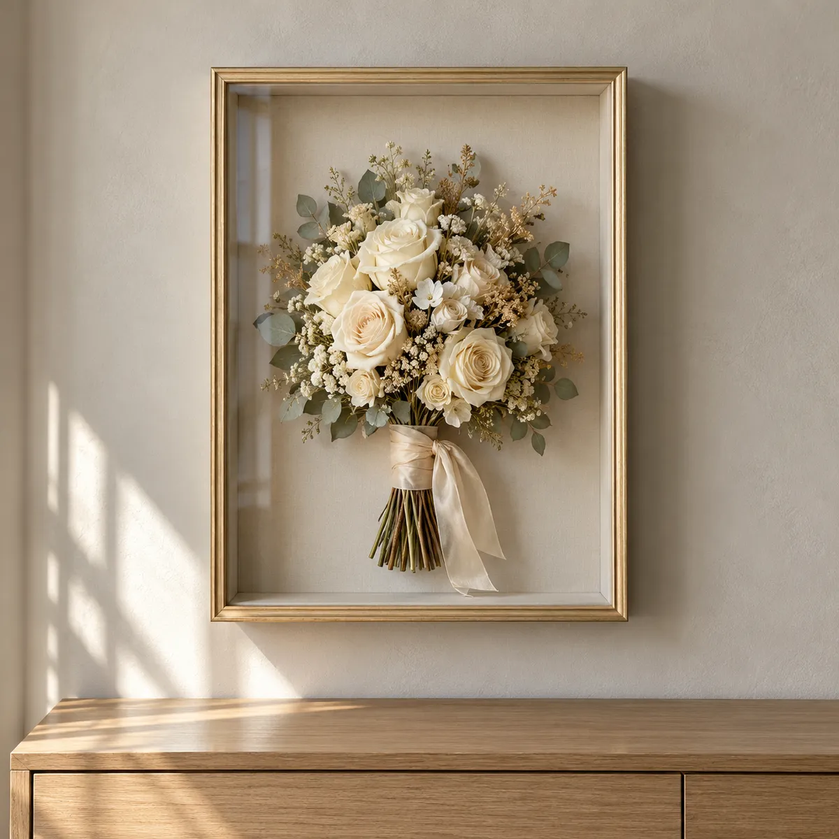 Preserved wedding bouquet displayed in an elegant champagne-gold shadow box with generous spacing on a neutral home wall.
