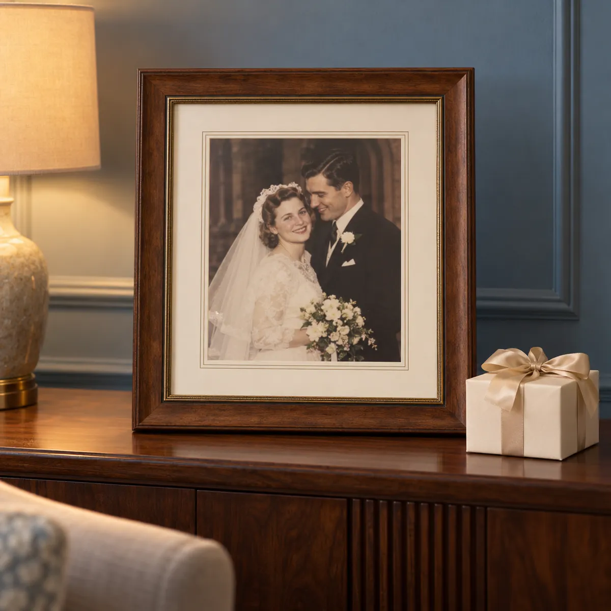 Framed vintage wedding portrait displayed beside a wrapped anniversary gift on a dark wood console.
