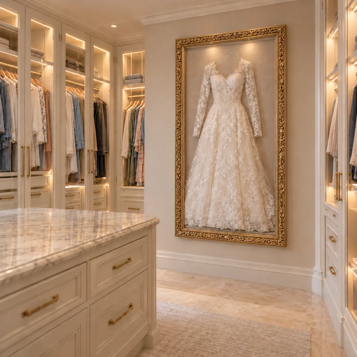 Preserved wedding dress displayed in an ornate gold shadow box inside a luxury Beverly Hills walk-in closet with colorful wardrobe clothing.