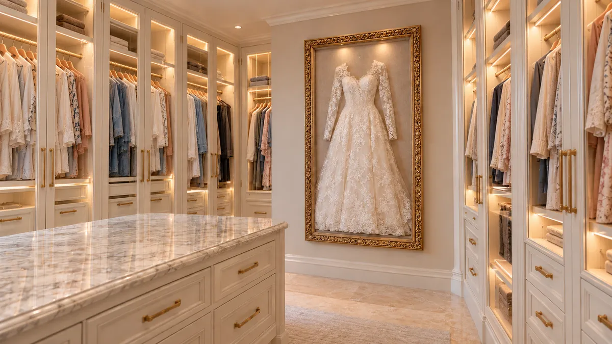 Ornate gold-framed wedding dress displayed in a luxury Beverly Hills walk-in closet with colorful wardrobe clothing.