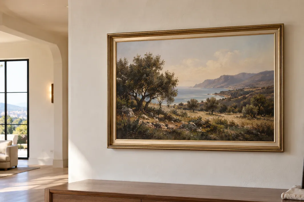 Framed landscape image with a gold frame on the wall of a modern home
