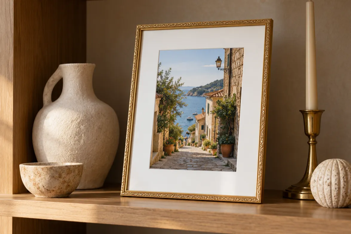 Gold orate ready made framed ocean side cit on a shelf photo