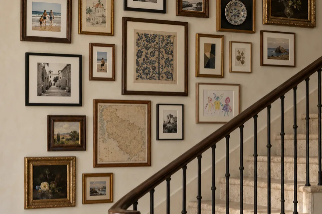 Various and mixed custom framed artwork making up a gallery wall above stairs