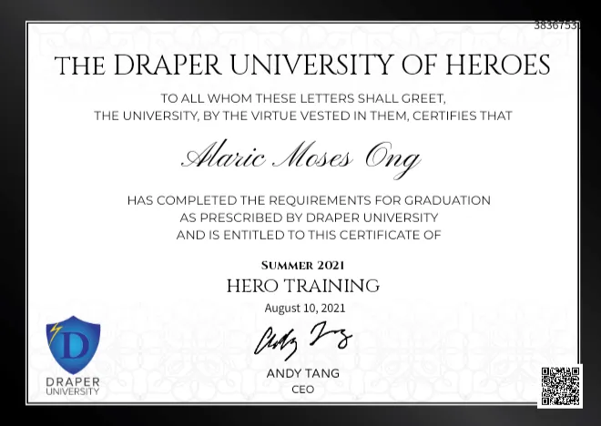 Alaric Ong graduated from Draper university at Silicon Valley
