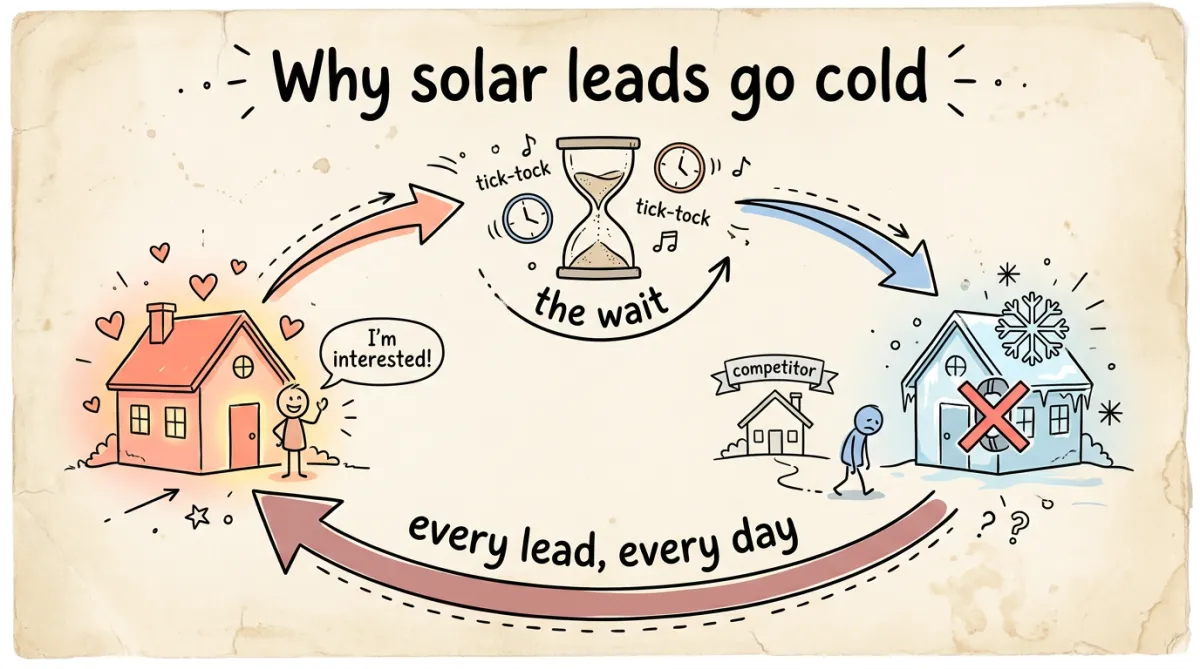 A warm solar lead cooling into a lost lead as time passes between enquiry and callback.