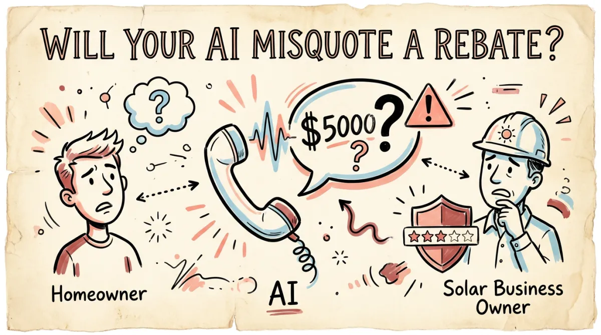 An AI voice agent quoting an uncertain rebate figure while a homeowner and a solar owner look on warily.