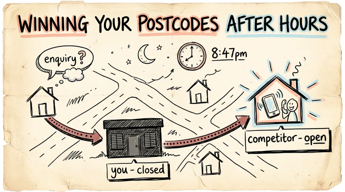A night-time suburb map showing an after-hours solar enquiry going past a closed office to a competitor who answers.