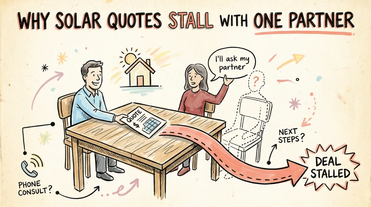 A solar rep quoting one partner at a kitchen table while the second decision-maker's chair sits empty and the deal stalls.