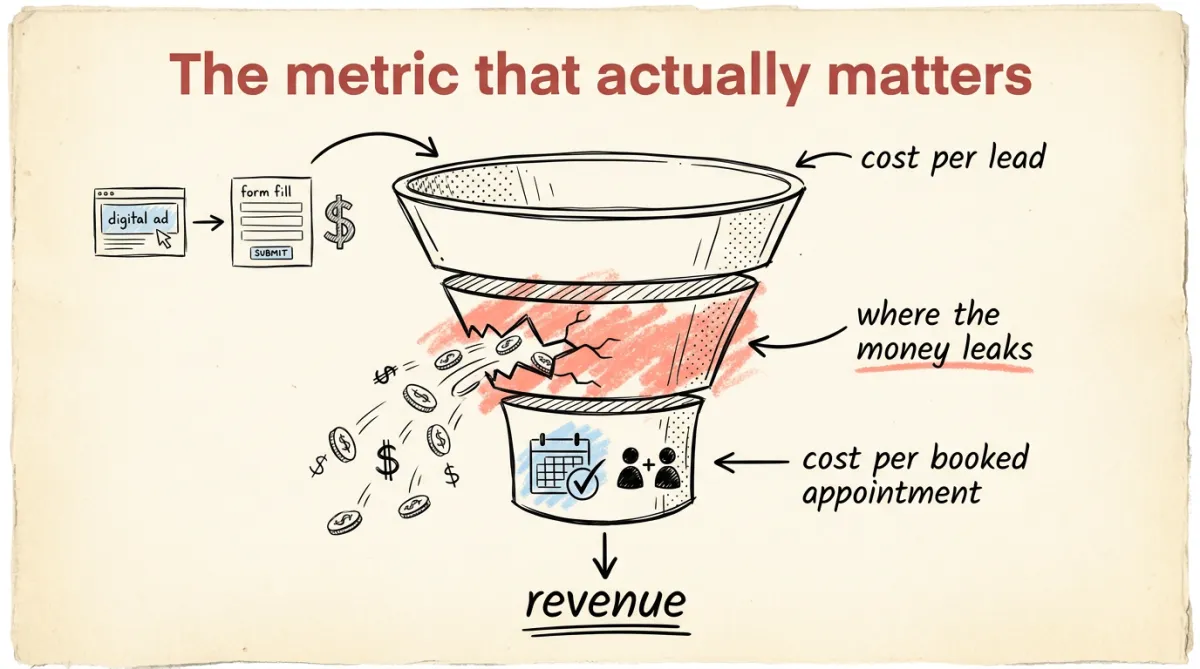 A marketing funnel sketchnote showing cost per lead at the top, money leaking in the middle, and cost per booked appointment at the bottom mapping to revenue.