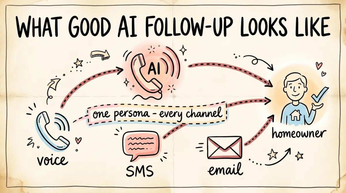 A sketchnote titled 'What good AI follow-up looks like', showing one consistent AI persona reaching a homeowner through voice, SMS, and email channels.