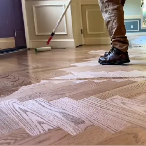 herringbone hardwood floors with UV cured finish