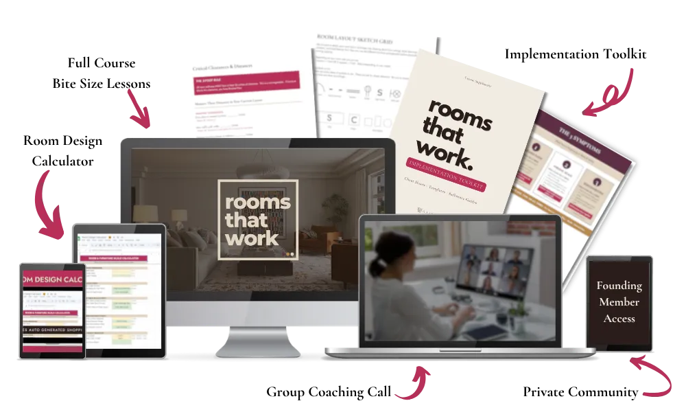 Rooms That Work course shown on a computer screen and blurred pages of the course implementation toolkit.  Tablets showing The Room Design Calculator, and a computer showing a group coaching call. A tablet that reads "Founding Member Access"