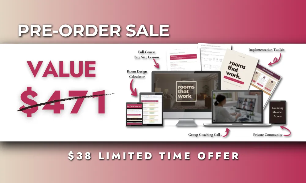 Rooms That Work pre-order bundle shown on a laptop, tablets, and phone with the Room Design Calculator and toolkit pages.  The image reads "Pre-Order Sale", "Value $471", "$38 Limited Time Offer"