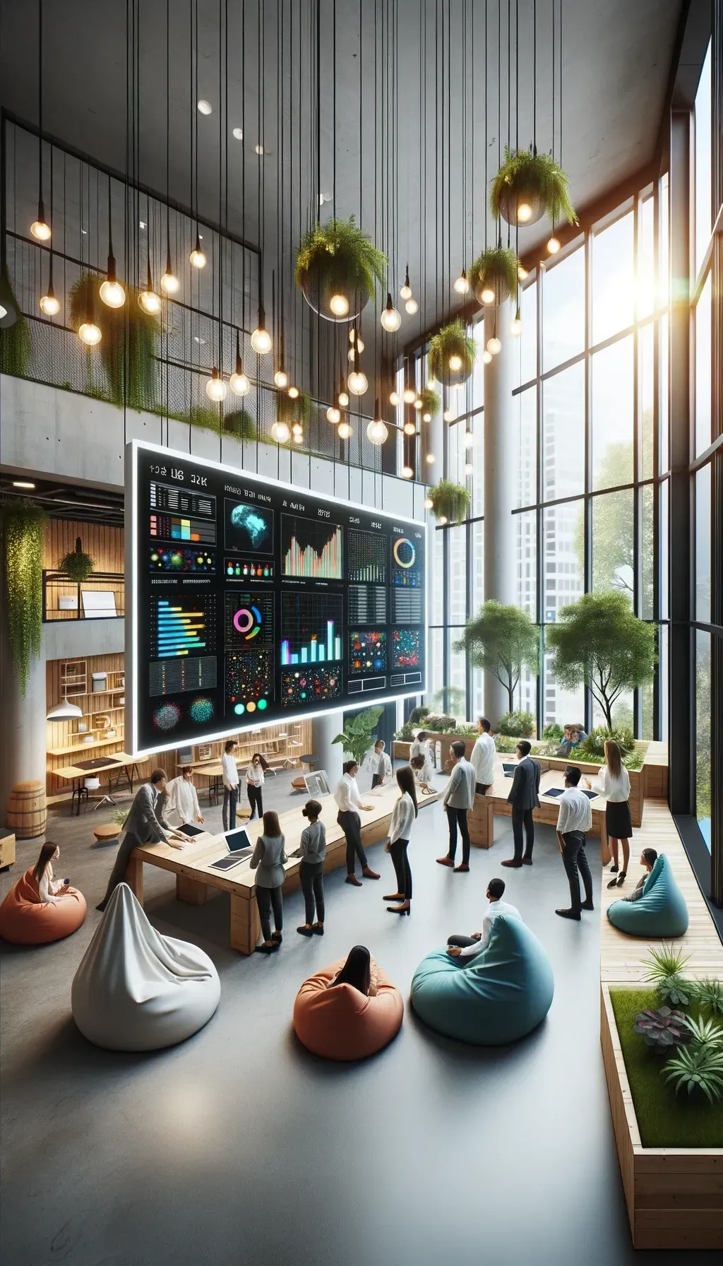 Photo of a spacious, vertically-oriented modern workspace filled with natural light from large windows. Bean bags are scattered around, next to green plants and innovative high-tech equipment. A multi-ethnic group of young data scientists are standing and collaborating on a large interactive touch table in the center, deeply engrossed in colorful data visualizations. Above them, hanging lights illuminate the area, creating a warm ambiance, while on the side, a whiteboard displays sketches and notes. The scene captures a harmonious blend of relaxation and productivity, showcasing the fun and dynamic nature of the consulting group.
