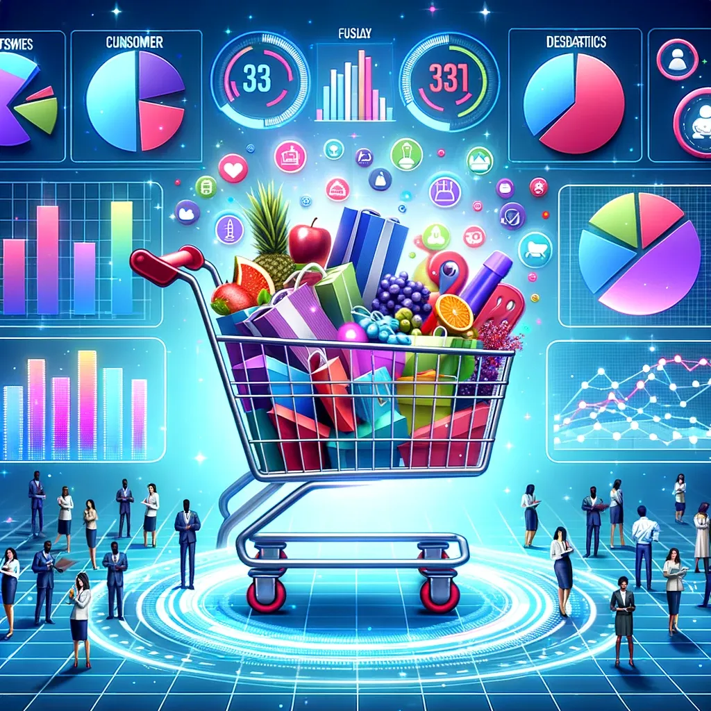 Illustration of a digital shopping cart overflowing with colorful products. Surrounding the cart are futuristic holographic screens displaying pie charts, bar graphs, and consumer demographics. A diverse group of data scientists in the background analyze the data, emphasizing the importance of understanding consumer behavior.
