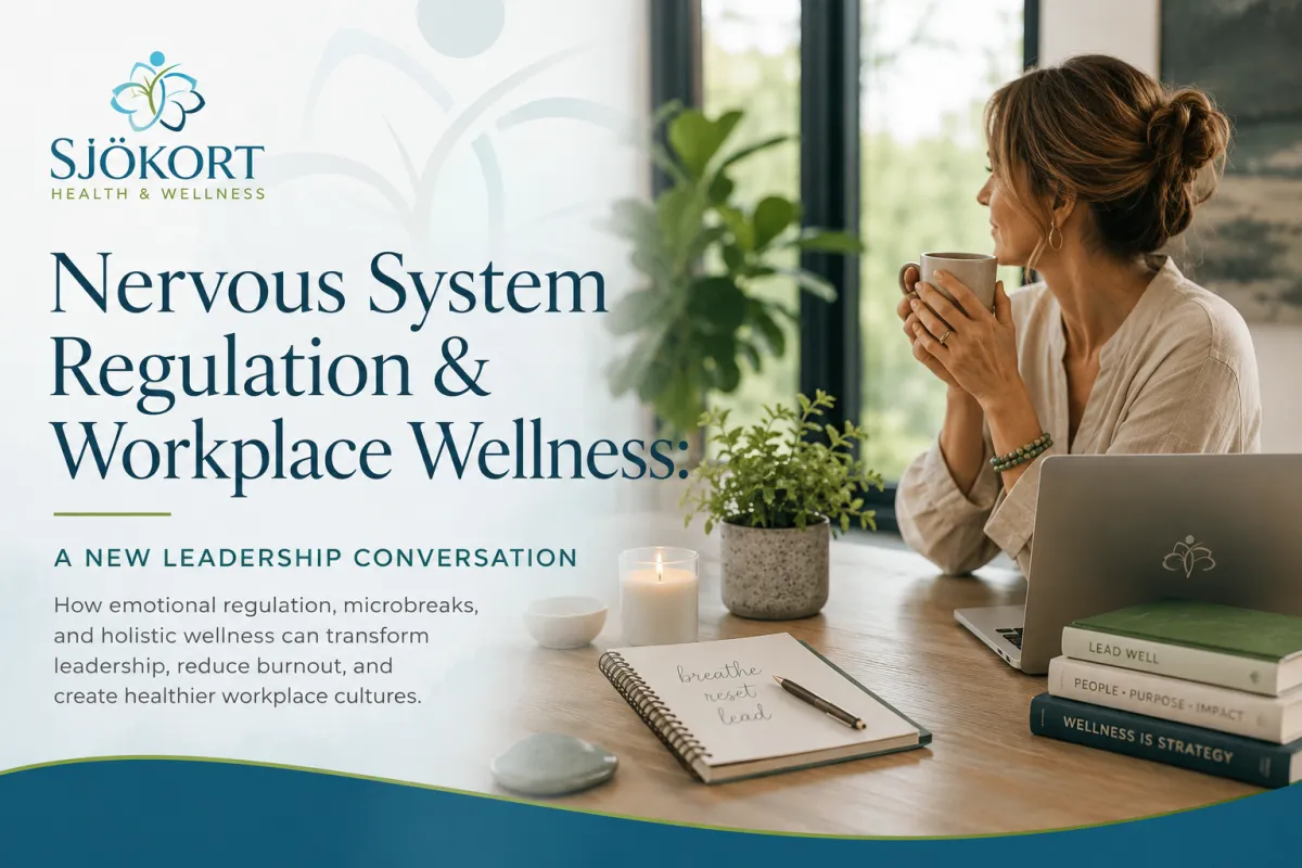 Calm professional woman practicing workplace wellness and nervous system regulation while sitting at a modern desk with tea, plants, and natural light in a holistic office environment.