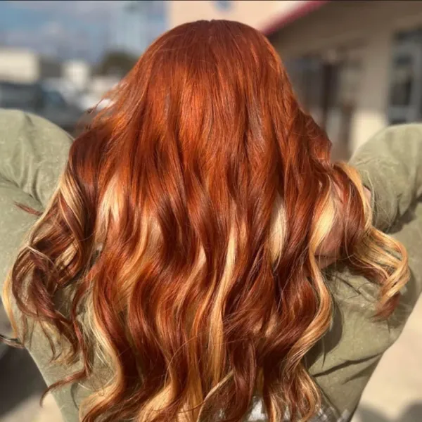 red hair with blonde highlights and perm